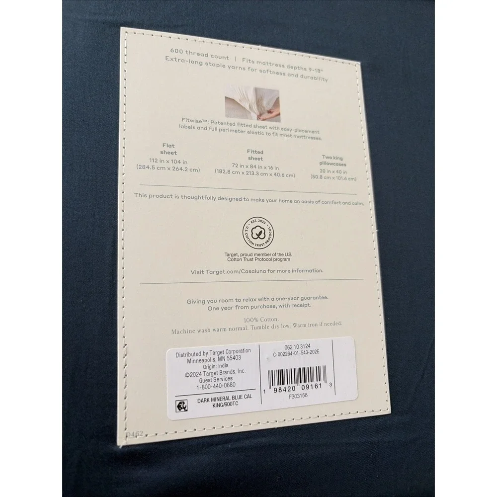 CASALUNA California King 600 Thread Count Sateen Sheet Set - Dark Mineral Blue